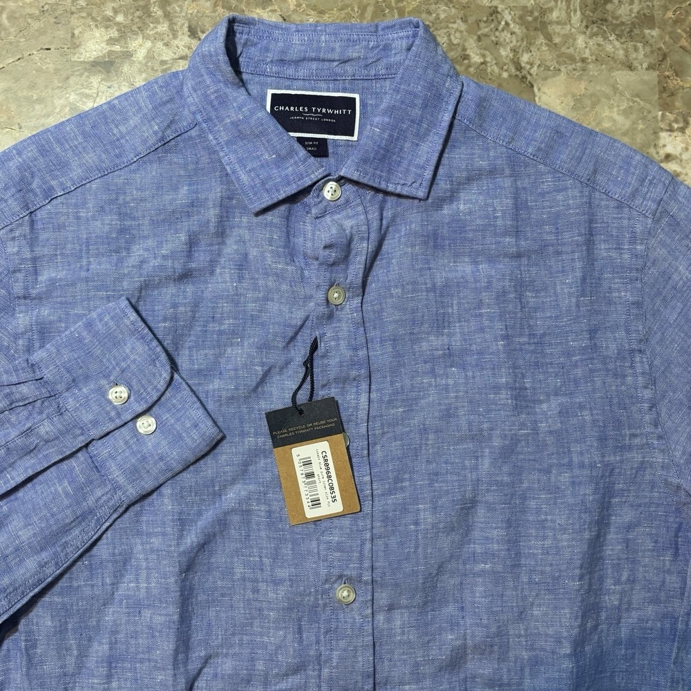 Charles Tyrwhitt Shirt Mens Small Slim Blue 100% Linen Long Sleeve Button NEW